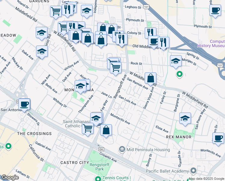 map of restaurants, bars, coffee shops, grocery stores, and more near 436 North Rengstorff Avenue in Mountain View