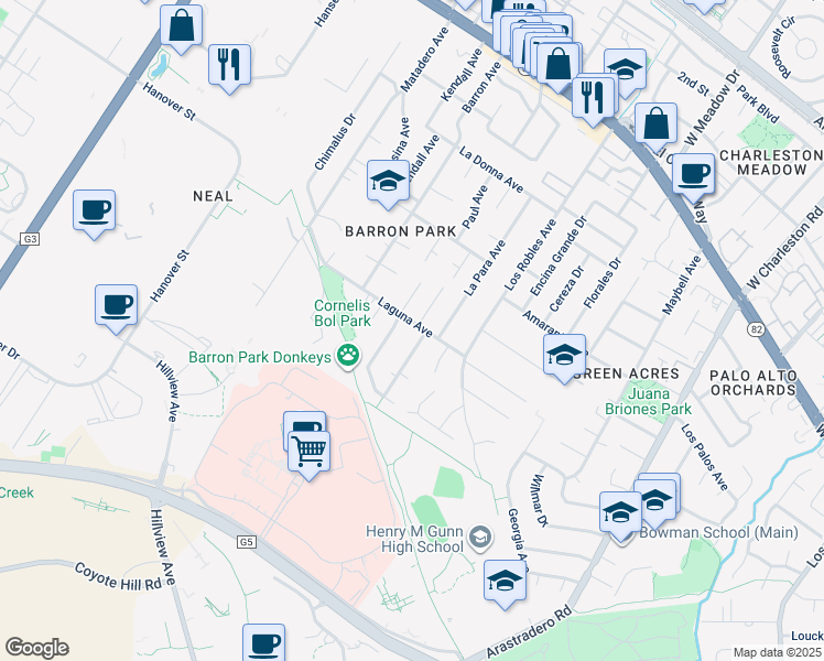 map of restaurants, bars, coffee shops, grocery stores, and more near 883 Ilima Court in Palo Alto