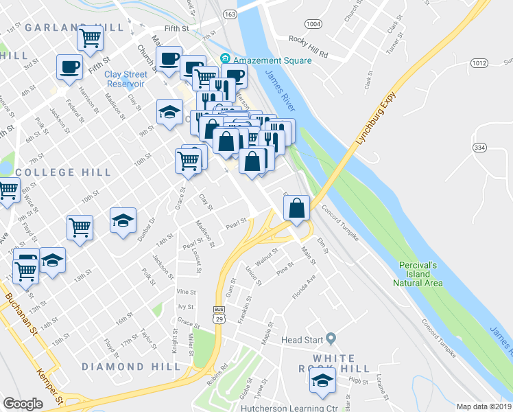 map of restaurants, bars, coffee shops, grocery stores, and more near 1401 Main Street in Lynchburg