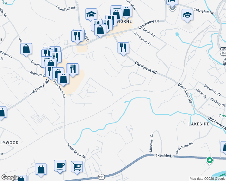 map of restaurants, bars, coffee shops, grocery stores, and more near 114 Red Maple Court in Lynchburg