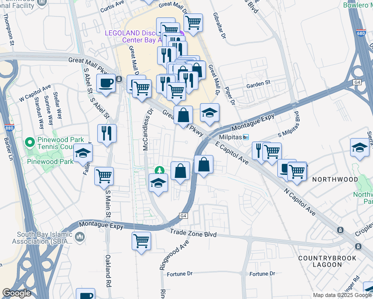 map of restaurants, bars, coffee shops, grocery stores, and more near 1646 Centre Pointe Drive in Milpitas