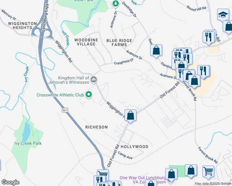 map of restaurants, bars, coffee shops, grocery stores, and more near 100 Robinson Drive in Lynchburg