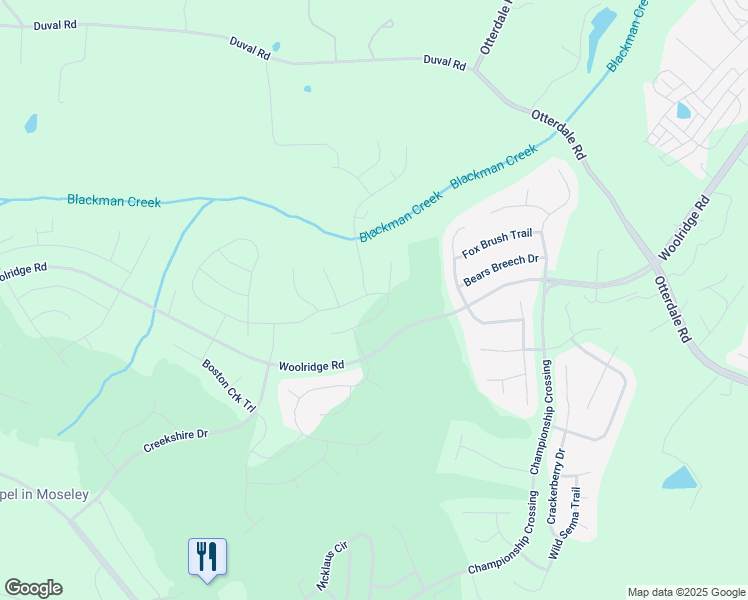 map of restaurants, bars, coffee shops, grocery stores, and more near 17407 Twin Falls Lane in Moseley