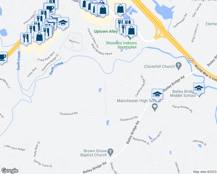 map of restaurants, bars, coffee shops, grocery stores, and more near 12812 Village School Lane in Midlothian