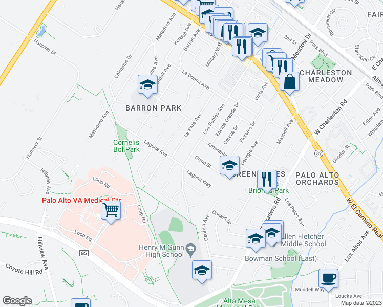 map of restaurants, bars, coffee shops, grocery stores, and more near 851 Los Robles Avenue in Palo Alto