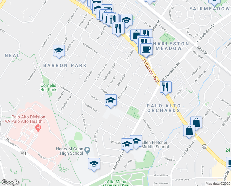 map of restaurants, bars, coffee shops, grocery stores, and more near 787 Florales Drive in Palo Alto