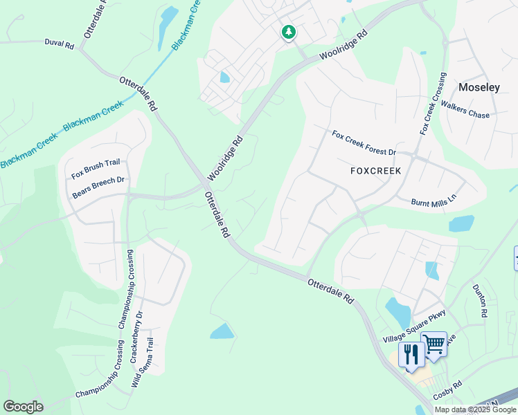 map of restaurants, bars, coffee shops, grocery stores, and more near 16403 Creekstone Point Avenue in Moseley