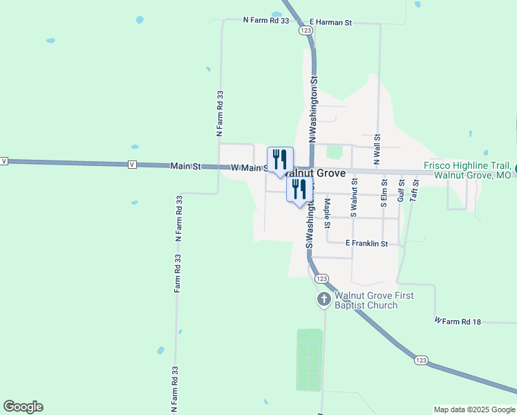 map of restaurants, bars, coffee shops, grocery stores, and more near 119 South Jefferson Street in Walnut Grove