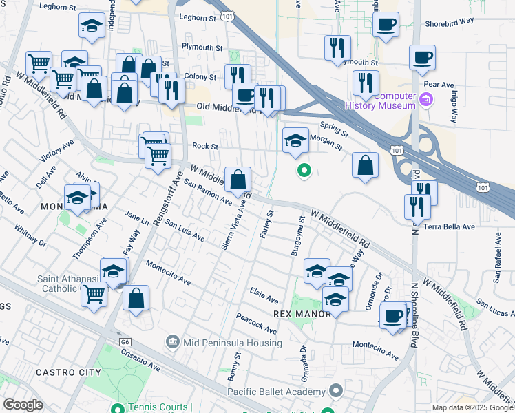 map of restaurants, bars, coffee shops, grocery stores, and more near 509 Sierra Vista Avenue in Mountain View