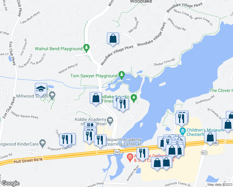 map of restaurants, bars, coffee shops, grocery stores, and more near 14730 Boyces Cove Drive in Midlothian