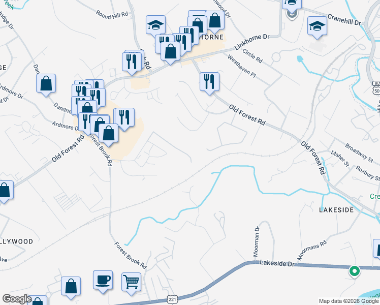 map of restaurants, bars, coffee shops, grocery stores, and more near 1001 Belle Terre Drive in Lynchburg