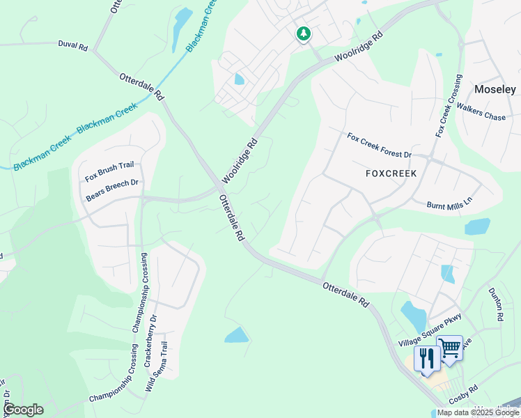map of restaurants, bars, coffee shops, grocery stores, and more near 16309 Creekstone Point Avenue in Moseley