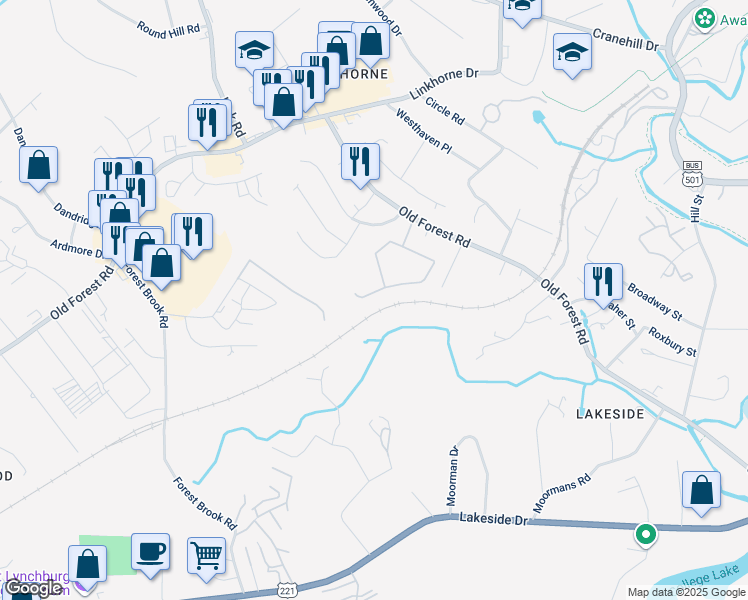 map of restaurants, bars, coffee shops, grocery stores, and more near 105 Red Maple Court in Lynchburg