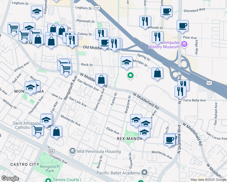 map of restaurants, bars, coffee shops, grocery stores, and more near 1913 West Middlefield Road in Mountain View