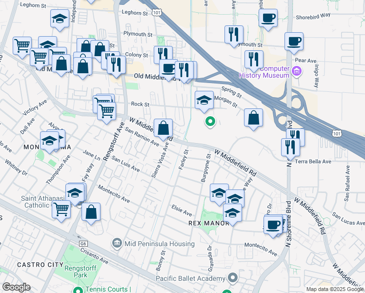 map of restaurants, bars, coffee shops, grocery stores, and more near 1913 West Middlefield Road in Mountain View