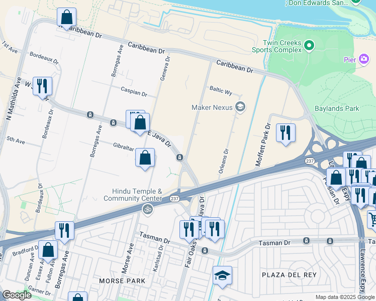 map of restaurants, bars, coffee shops, grocery stores, and more near 1260 Crossman Avenue in Sunnyvale