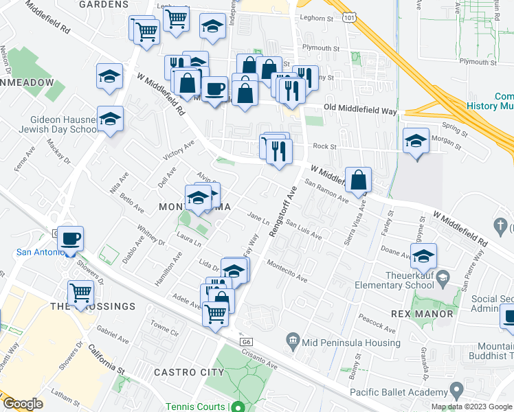 map of restaurants, bars, coffee shops, grocery stores, and more near 420 Bella Corte in Mountain View