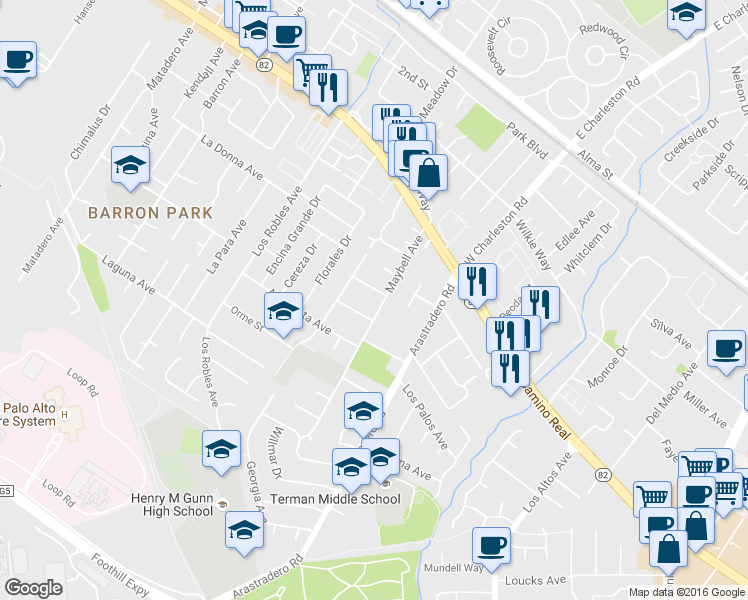 map of restaurants, bars, coffee shops, grocery stores, and more near 4189 Baker Avenue in Palo Alto
