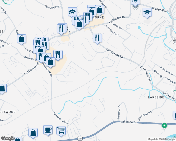 map of restaurants, bars, coffee shops, grocery stores, and more near 1001 Belle Terre Drive in Lynchburg