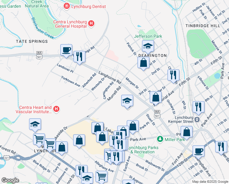 map of restaurants, bars, coffee shops, grocery stores, and more near 2101 Murrell Road in Lynchburg
