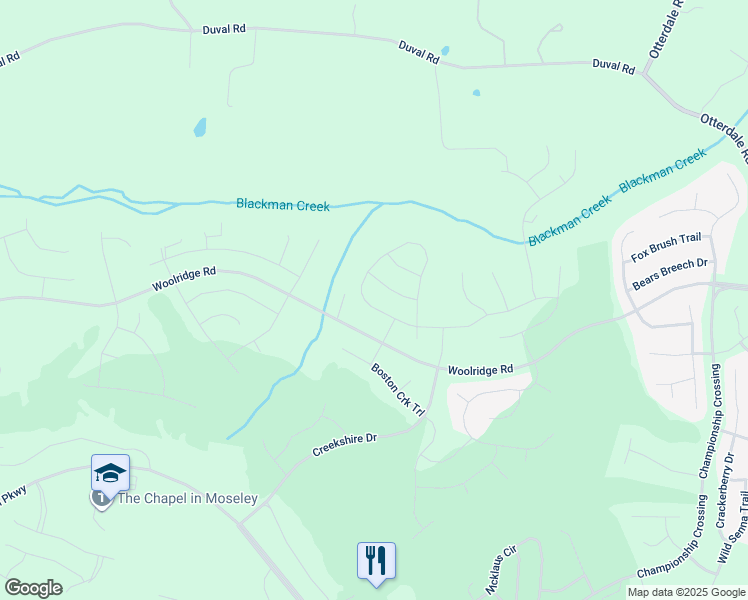 map of restaurants, bars, coffee shops, grocery stores, and more near 18030 Twin Falls Lane in Moseley