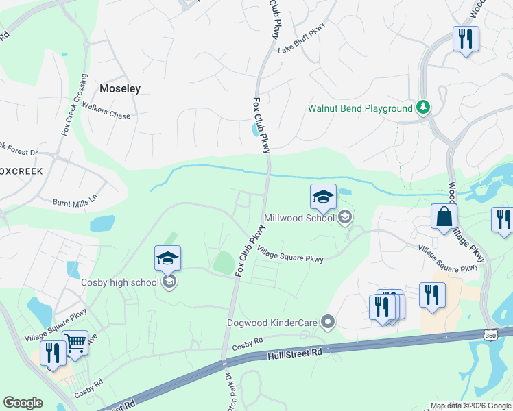 map of restaurants, bars, coffee shops, grocery stores, and more near 15205 Princess Lauren Lane in Midlothian