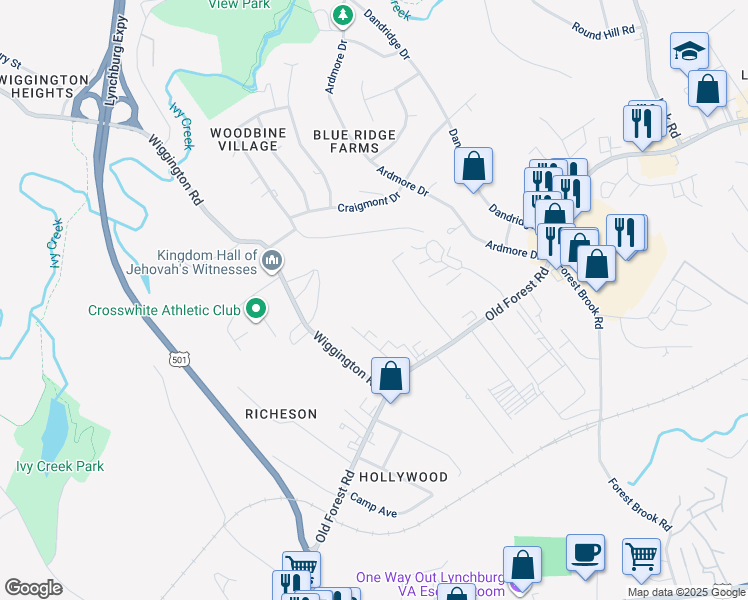 map of restaurants, bars, coffee shops, grocery stores, and more near 100 Lytton Street in Lynchburg