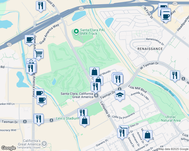 map of restaurants, bars, coffee shops, grocery stores, and more near 2333 Calle Del Mundo in Santa Clara