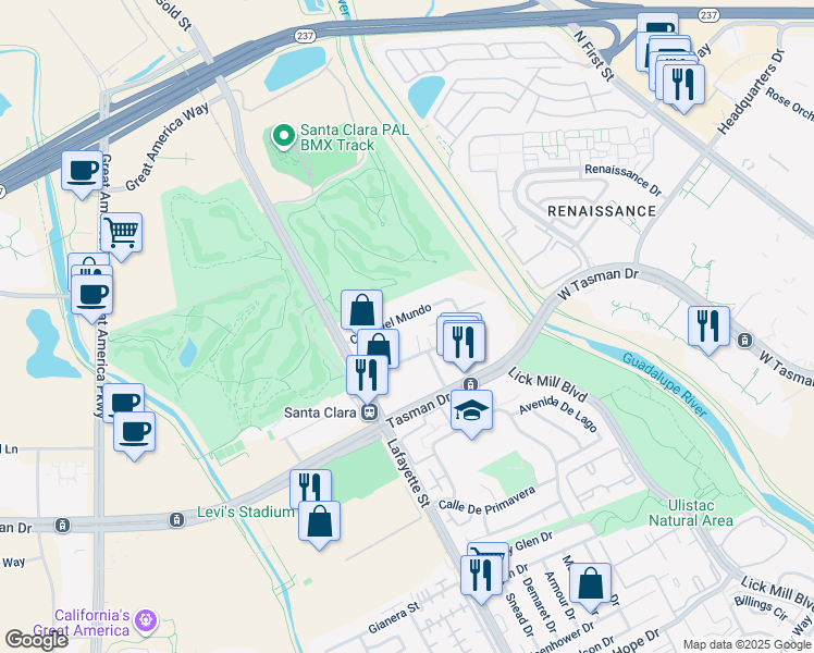 map of restaurants, bars, coffee shops, grocery stores, and more near 2310 Calle Del Mundo in Santa Clara