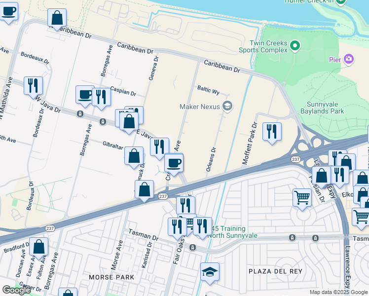 map of restaurants, bars, coffee shops, grocery stores, and more near 1260 Crossman Avenue in Sunnyvale