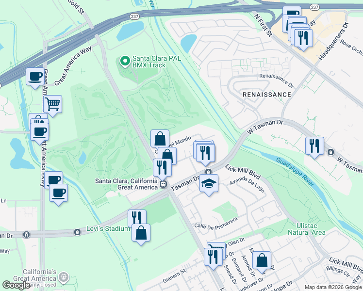 map of restaurants, bars, coffee shops, grocery stores, and more near 2275 Calle Del Mundo in Santa Clara