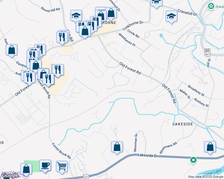 map of restaurants, bars, coffee shops, grocery stores, and more near 105 Red Maple Court in Lynchburg