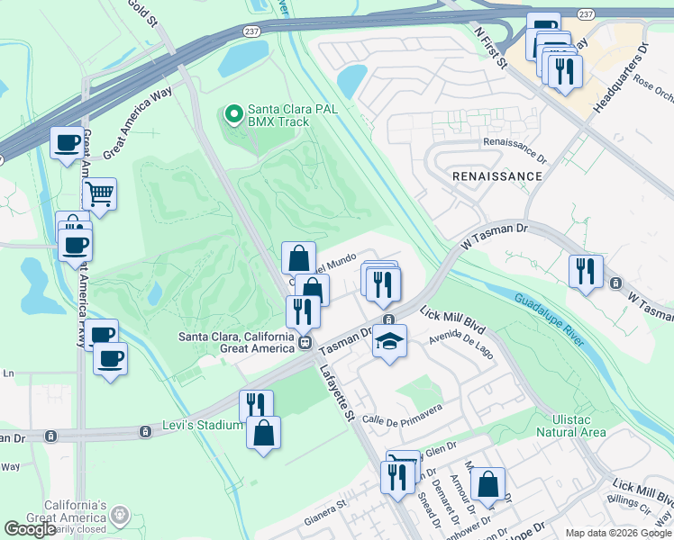 map of restaurants, bars, coffee shops, grocery stores, and more near 2275 Calle Del Mundo in Santa Clara