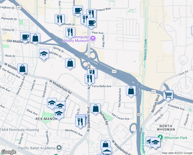 map of restaurants, bars, coffee shops, grocery stores, and more near 1091 North Shoreline Boulevard in Mountain View
