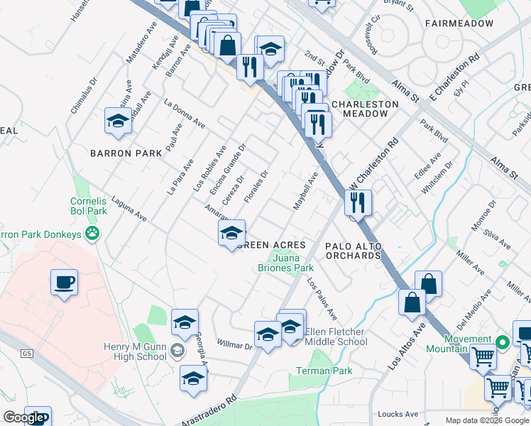 map of restaurants, bars, coffee shops, grocery stores, and more near 542 Georgia Avenue in Palo Alto