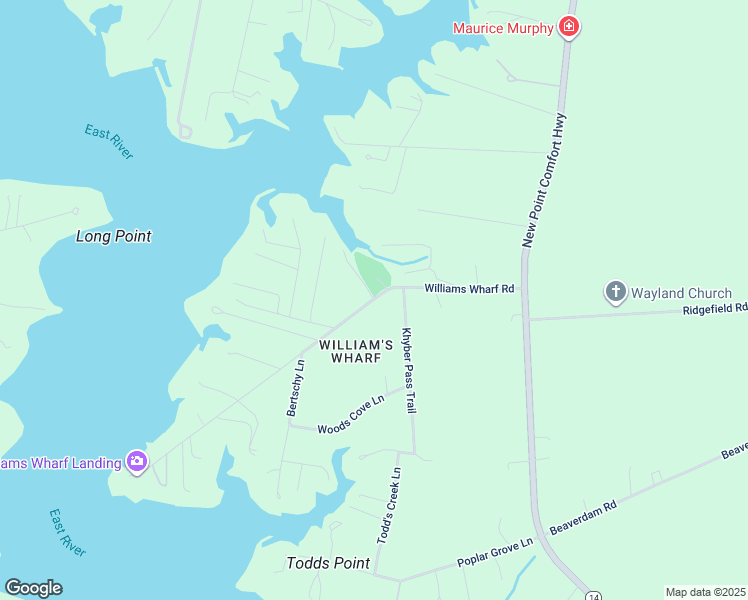 map of restaurants, bars, coffee shops, grocery stores, and more near 368 Williams Wharf Road in Mathews