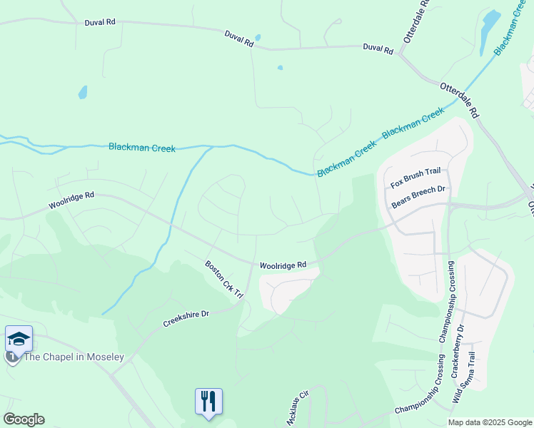 map of restaurants, bars, coffee shops, grocery stores, and more near 6438 Twin Falls Court in Moseley