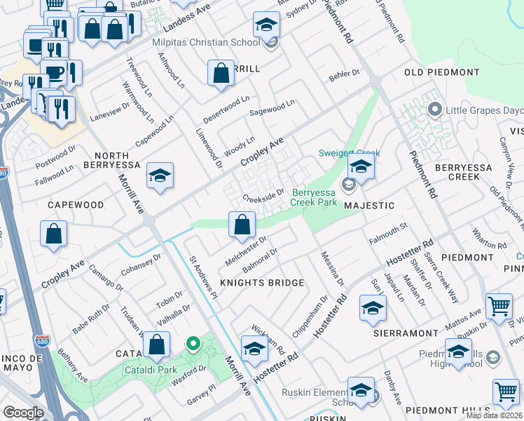 map of restaurants, bars, coffee shops, grocery stores, and more near 3060 Ironside Court in San Jose