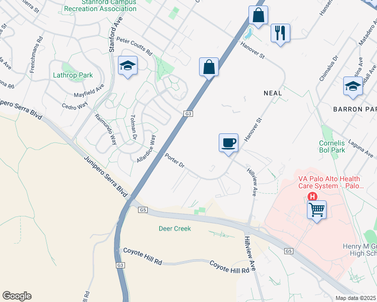 map of restaurants, bars, coffee shops, grocery stores, and more near 3145 Porter Drive in Palo Alto