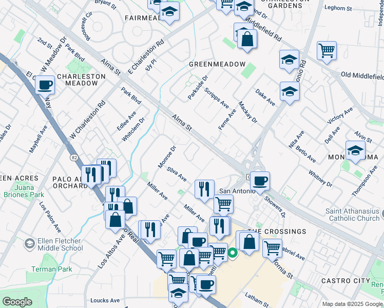 map of restaurants, bars, coffee shops, grocery stores, and more near 108 Montelena Court in Mountain View