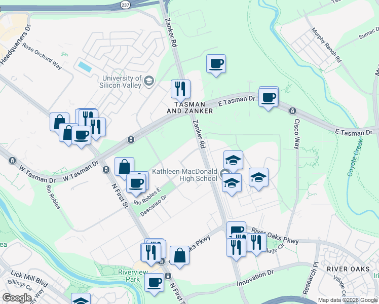 map of restaurants, bars, coffee shops, grocery stores, and more near 135 Rio Robles East in San Jose