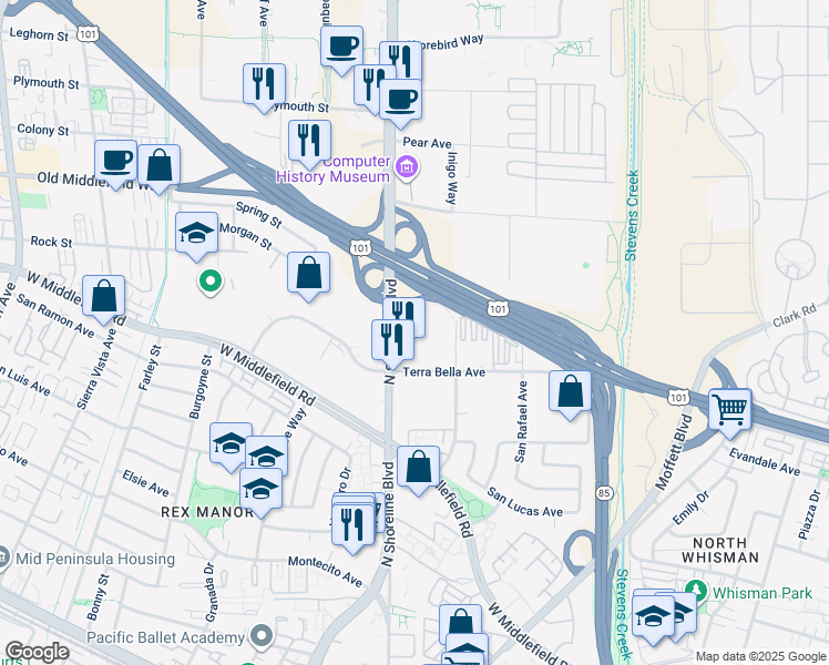 map of restaurants, bars, coffee shops, grocery stores, and more near 1170 Spruce Street in Mountain View