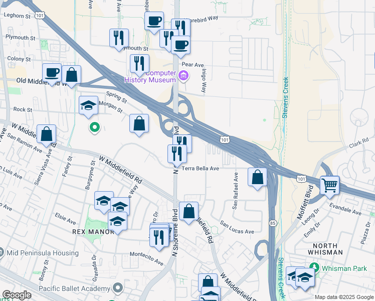 map of restaurants, bars, coffee shops, grocery stores, and more near 1170 Spruce Street in Mountain View