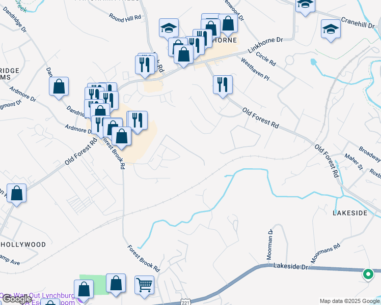 map of restaurants, bars, coffee shops, grocery stores, and more near 1001 Belle Terre Drive in Lynchburg