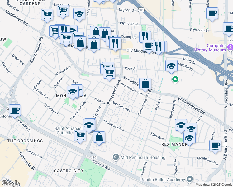 map of restaurants, bars, coffee shops, grocery stores, and more near 2064 Rialto Court in Mountain View