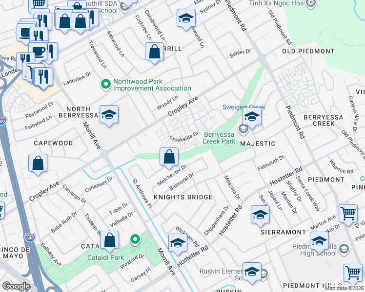 map of restaurants, bars, coffee shops, grocery stores, and more near 1925 Baywood Square in San Jose