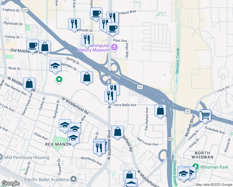 map of restaurants, bars, coffee shops, grocery stores, and more near 1091 North Shoreline Boulevard in Mountain View
