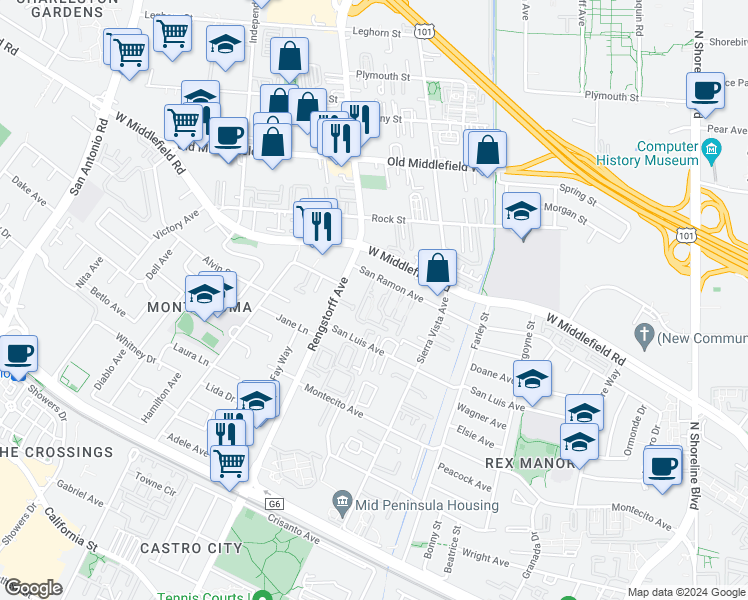 map of restaurants, bars, coffee shops, grocery stores, and more near 429 North Rengstorff Avenue in Mountain View