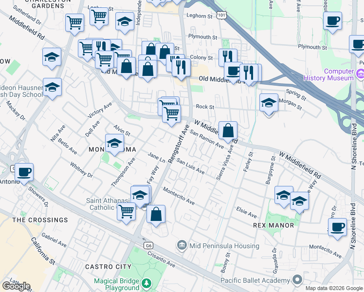 map of restaurants, bars, coffee shops, grocery stores, and more near 429 North Rengstorff Avenue in Mountain View