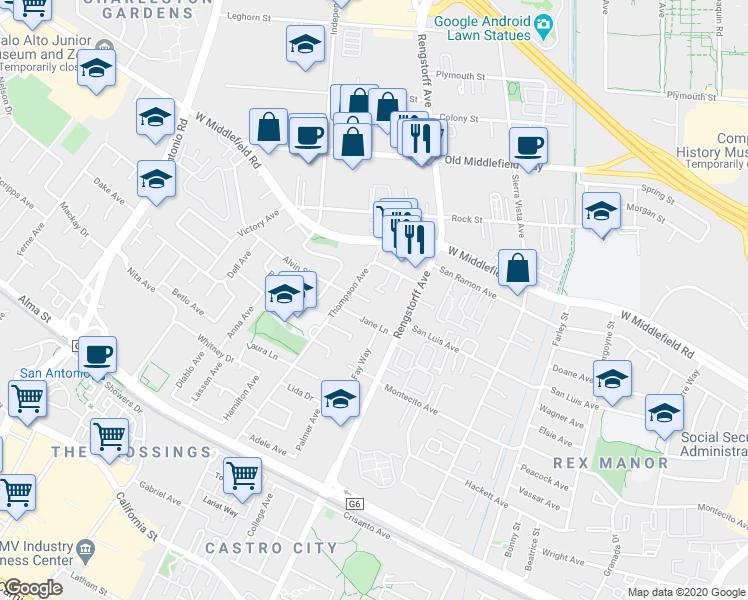 map of restaurants, bars, coffee shops, grocery stores, and more near 420 Bella Corte in Mountain View